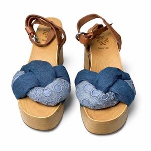 Sam & Libby Denim Knot Platform Clog Sandals Wood Heel Boho Size 8.5 Retro